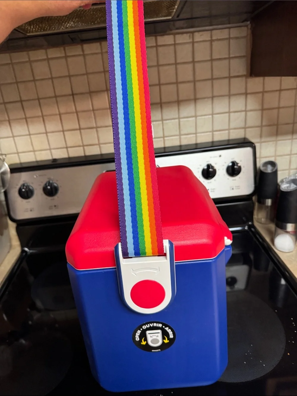 Igloo Blue Cooler with Red Lid and Rainbow Strap 11 Quart